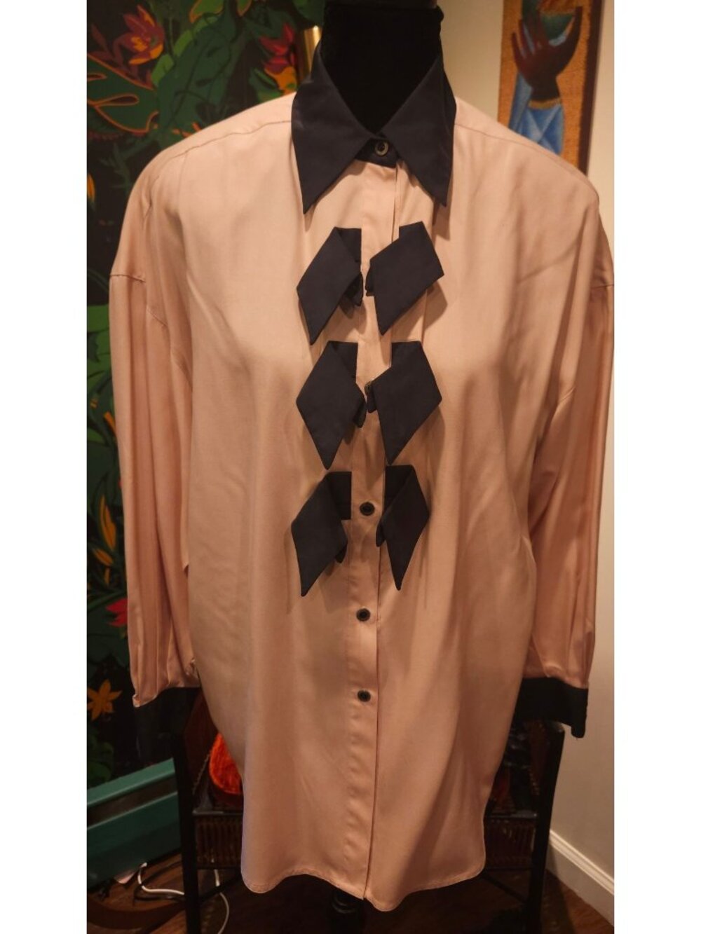 Vintage Peachy Pink Silk Blouse Slate Black Collar and Bow Accents Size 6